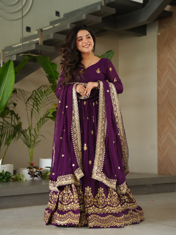 Faux Blooming Zari Sequins Embroidered Gown with Dupatta