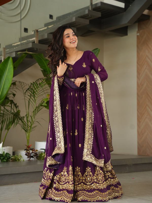 Faux Blooming Zari Sequins Embroidered Gown with Dupatta