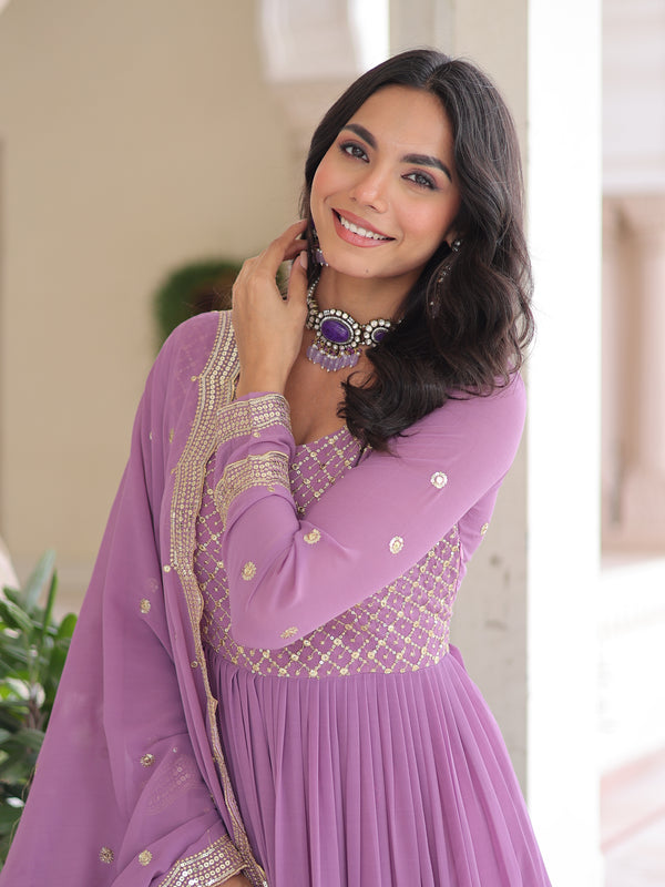 Faux Georgette Sequins Zari Embroidered Gown with Dupatta