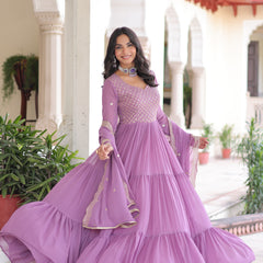 Faux Georgette Sequins Zari Embroidered Gown with Dupatta