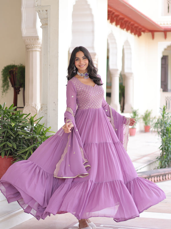 Faux Georgette Sequins Zari Embroidered Gown with Dupatta
