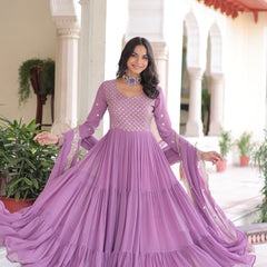 Faux Georgette Sequins Zari Embroidered Gown with Dupatta