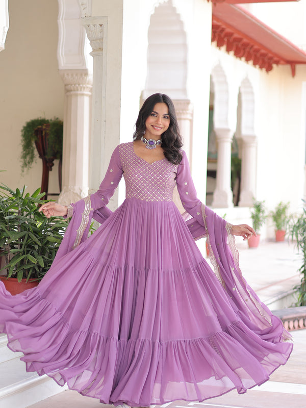 Faux Georgette Sequins Zari Embroidered Gown with Dupatta