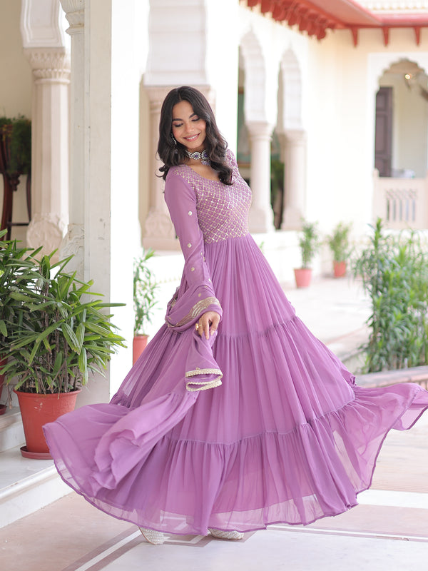 Faux Georgette Sequins Zari Embroidered Gown with Dupatta
