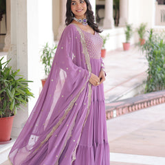 Faux Georgette Sequins Zari Embroidered Gown with Dupatta