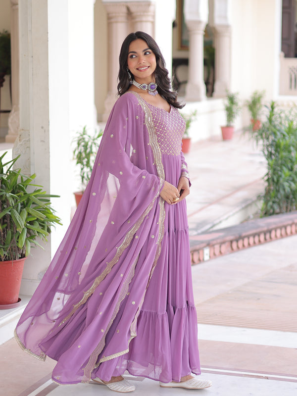 Faux Georgette Sequins Zari Embroidered Gown with Dupatta