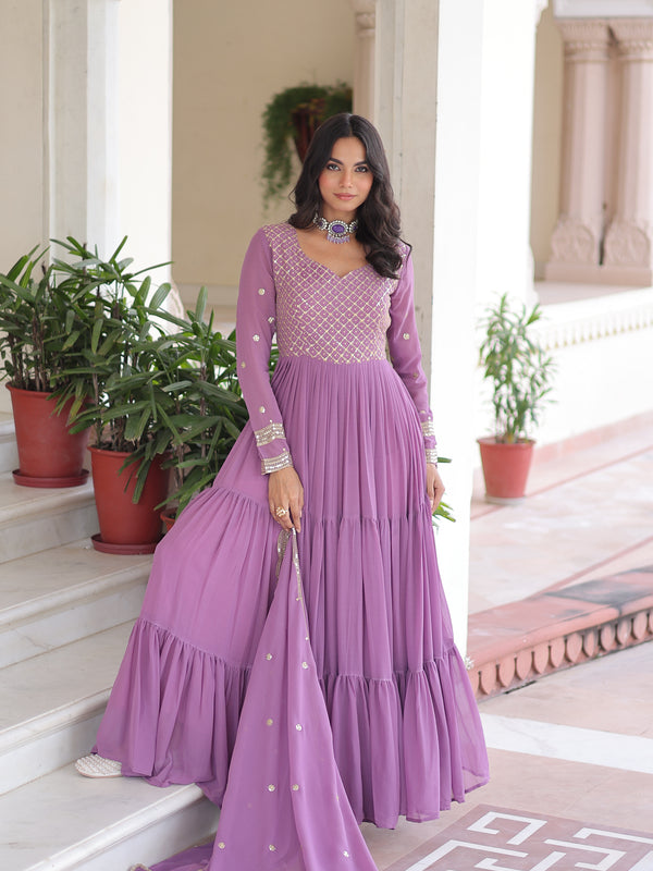 Faux Georgette Sequins Zari Embroidered Gown with Dupatta