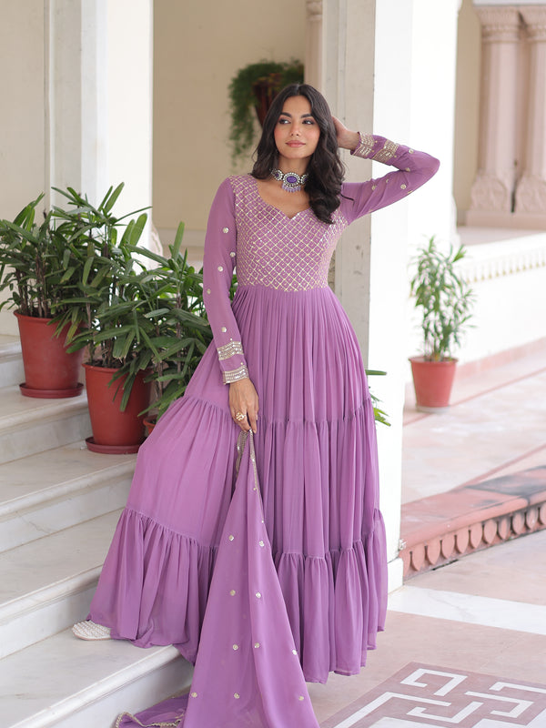 Faux Georgette Sequins Zari Embroidered Gown with Dupatta