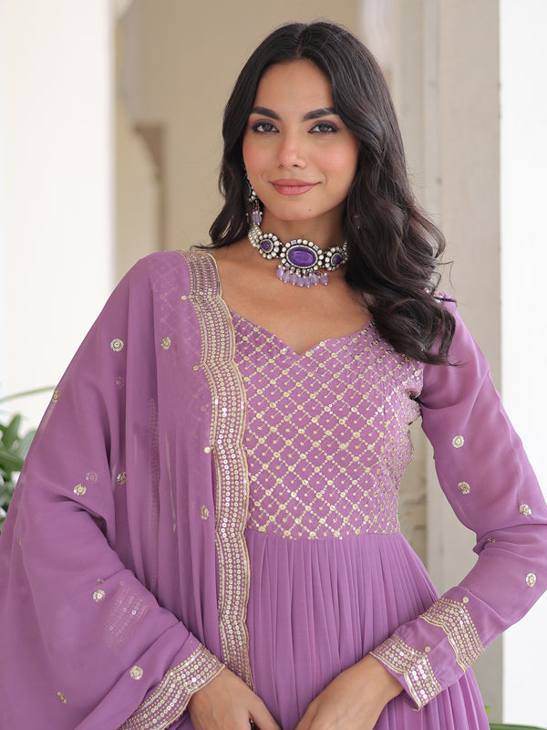 Faux Georgette Sequins Zari Embroidered Gown with Dupatta