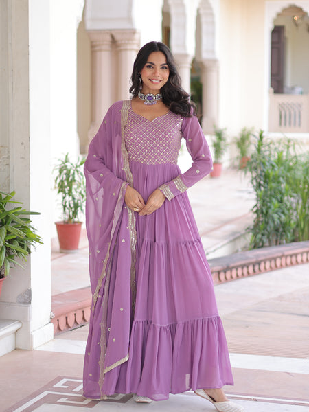 Faux Georgette Sequins Zari Embroidered Gown with Dupatta