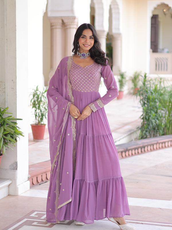 Faux Georgette Sequins Zari Embroidered Gown with Dupatta