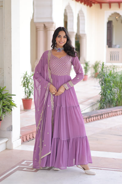 Faux Georgette Sequins Zari Embroidered Gown with Dupatta