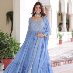 Faux Georgette Sequins Zari Embroidered Gown with Dupatta