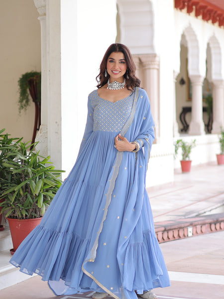 Faux Georgette Sequins Zari Embroidered Gown with Dupatta