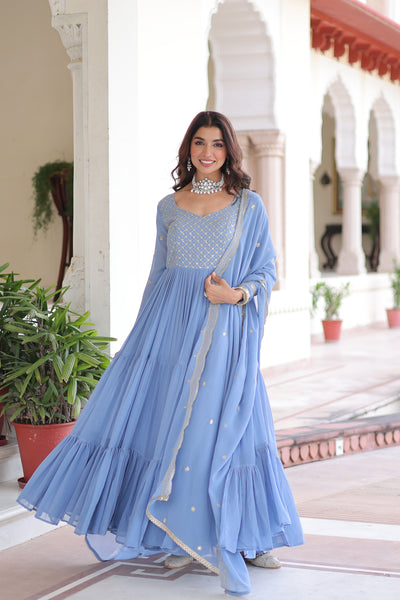 Faux Georgette Sequins Zari Embroidered Gown with Dupatta