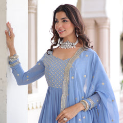 Faux Georgette Sequins Zari Embroidered Gown with Dupatta