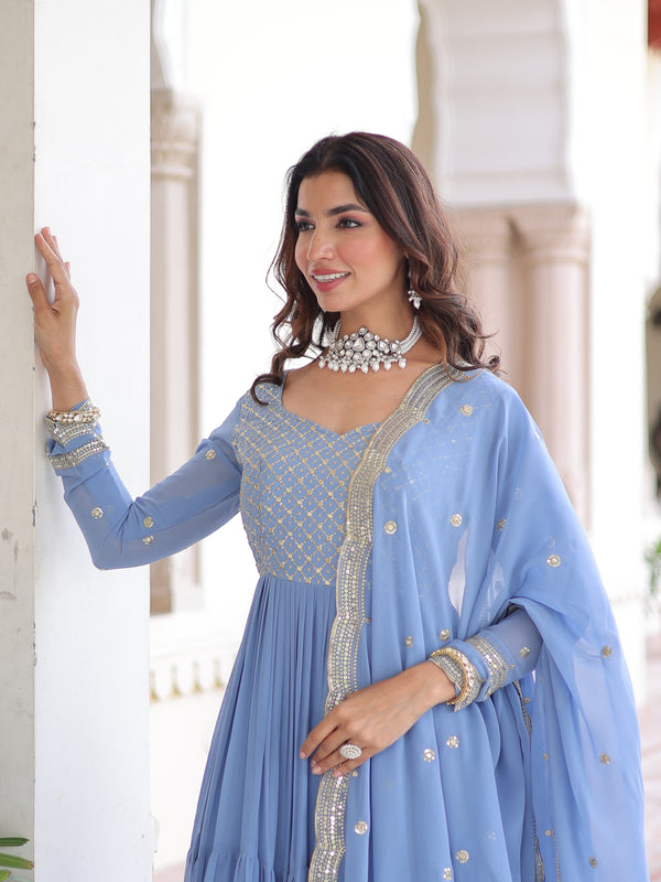 Faux Georgette Sequins Zari Embroidered Gown with Dupatta