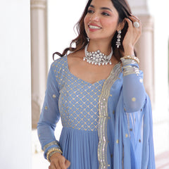 Faux Georgette Sequins Zari Embroidered Gown with Dupatta