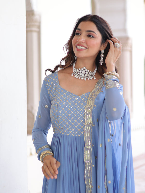 Faux Georgette Sequins Zari Embroidered Gown with Dupatta