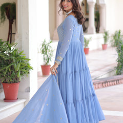 Faux Georgette Sequins Zari Embroidered Gown with Dupatta