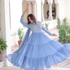 Faux Georgette Sequins Zari Embroidered Gown with Dupatta