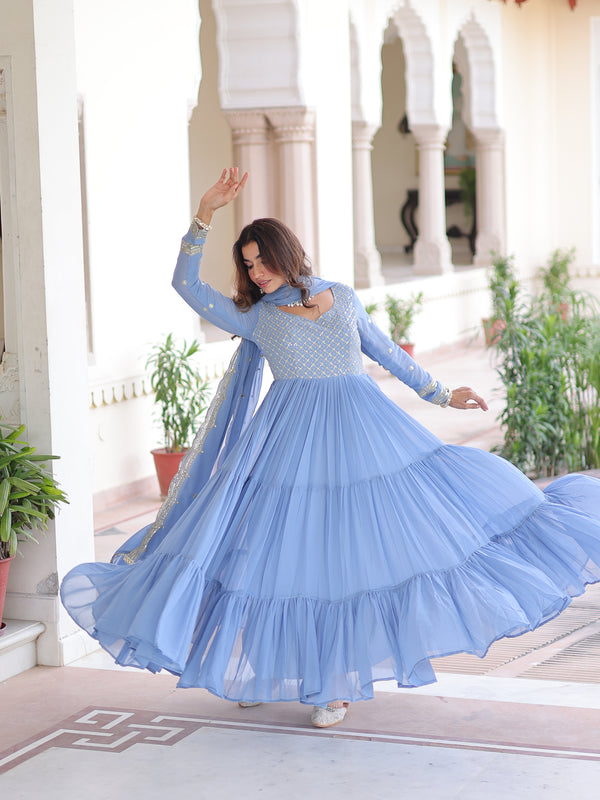 Faux Georgette Sequins Zari Embroidered Gown with Dupatta