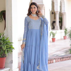 Faux Georgette Sequins Zari Embroidered Gown with Dupatta