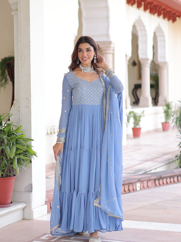 Faux Georgette Sequins Zari Embroidered Gown with Dupatta
