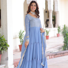Faux Georgette Sequins Zari Embroidered Gown with Dupatta