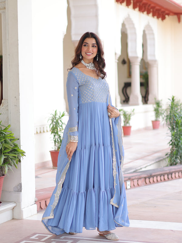 Faux Georgette Sequins Zari Embroidered Gown with Dupatta
