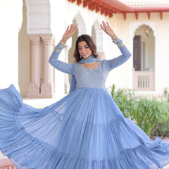 Faux Georgette Sequins Zari Embroidered Gown with Dupatta