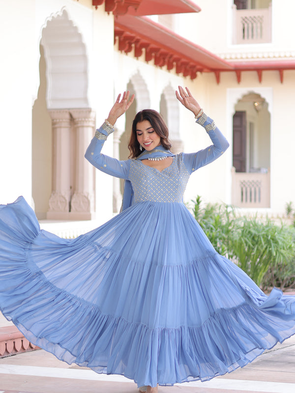 Faux Georgette Sequins Zari Embroidered Gown with Dupatta