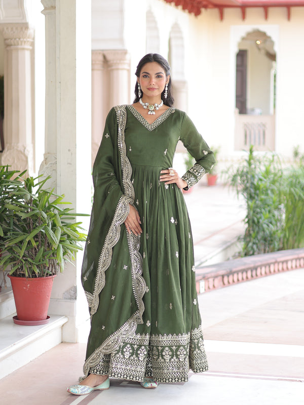 Vichitra Silk Sequins Zari Embroidered Gown with Dupatta
