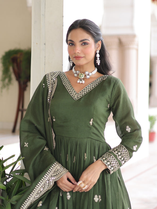 Vichitra Silk Sequins Zari Embroidered Gown with Dupatta