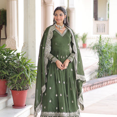 Vichitra Silk Sequins Zari Embroidered Gown with Dupatta