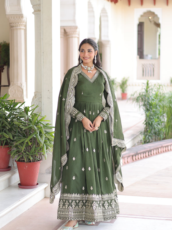 Vichitra Silk Sequins Zari Embroidered Gown with Dupatta