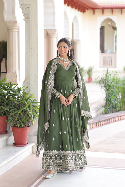 Vichitra Silk Sequins Zari Embroidered Gown with Dupatta