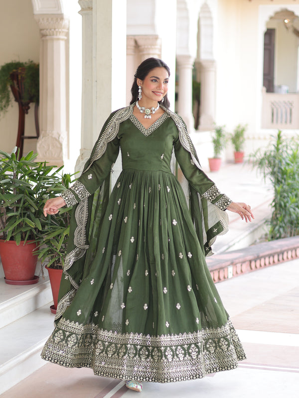 Vichitra Silk Sequins Zari Embroidered Gown with Dupatta