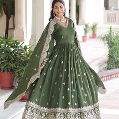 Vichitra Silk Sequins Zari Embroidered Gown with Dupatta