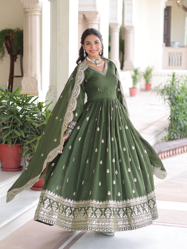 Vichitra Silk Sequins Zari Embroidered Gown with Dupatta