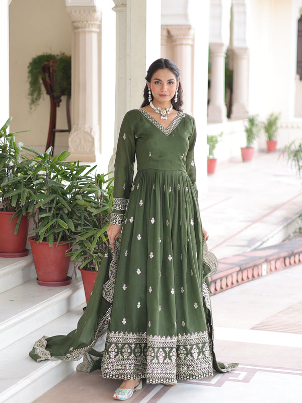 Vichitra Silk Sequins Zari Embroidered Gown with Dupatta