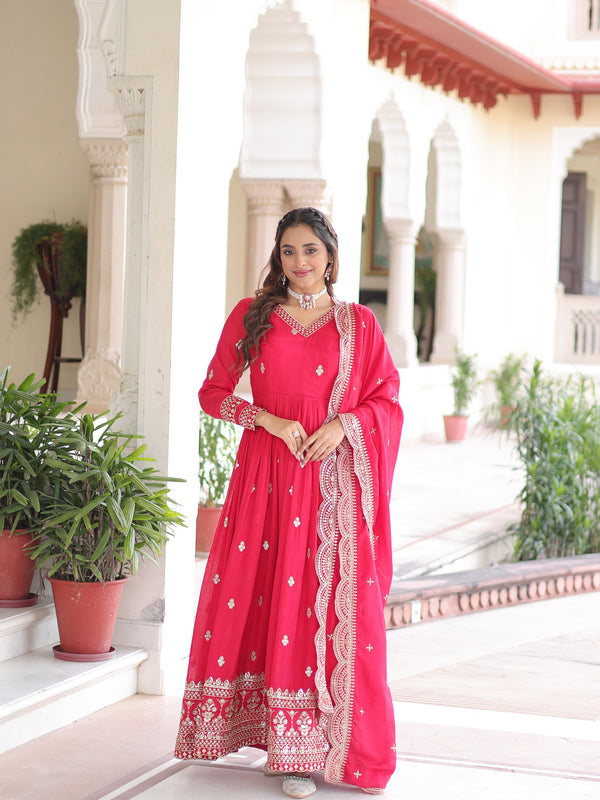 Vichitra Silk Sequins Zari Embroidered Gown with Dupatta