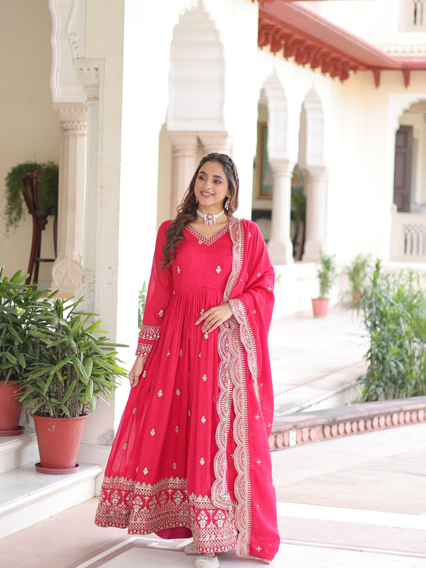 Vichitra Silk Sequins Zari Embroidered Gown with Dupatta