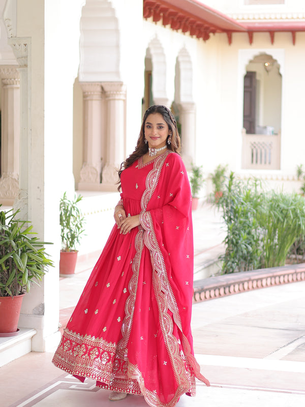 Vichitra Silk Sequins Zari Embroidered Gown with Dupatta