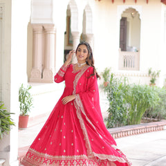 Vichitra Silk Sequins Zari Embroidered Gown with Dupatta