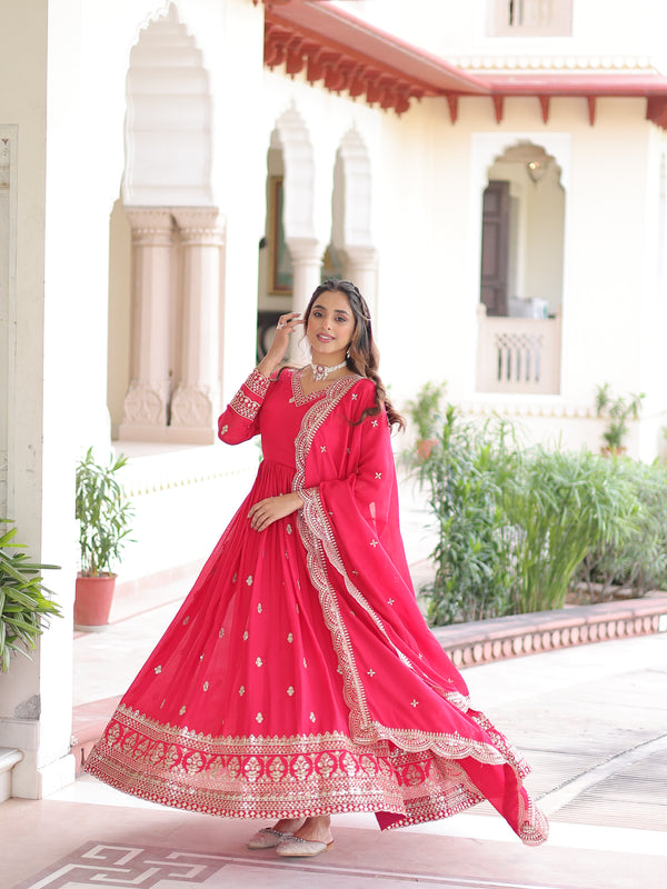 Vichitra Silk Sequins Zari Embroidered Gown with Dupatta