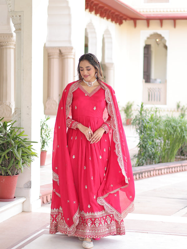 Vichitra Silk Sequins Zari Embroidered Gown with Dupatta
