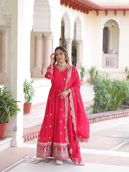 Vichitra Silk Sequins Zari Embroidered Gown with Dupatta