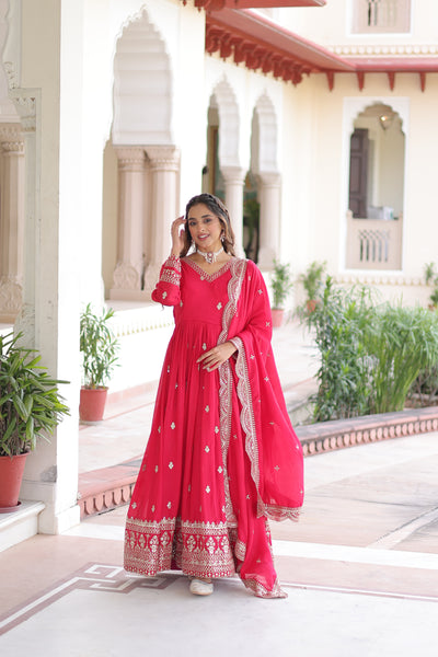 Vichitra Silk Sequins Zari Embroidered Gown with Dupatta