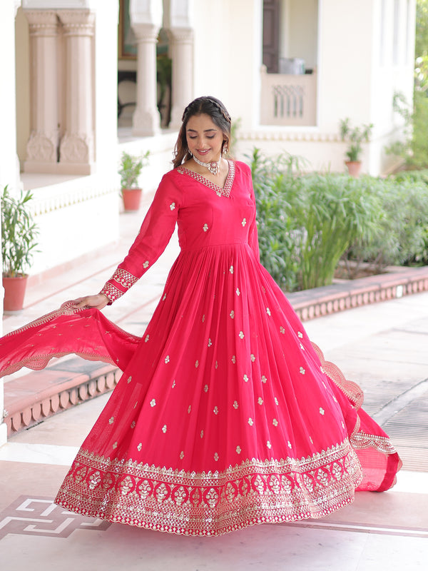 Vichitra Silk Sequins Zari Embroidered Gown with Dupatta
